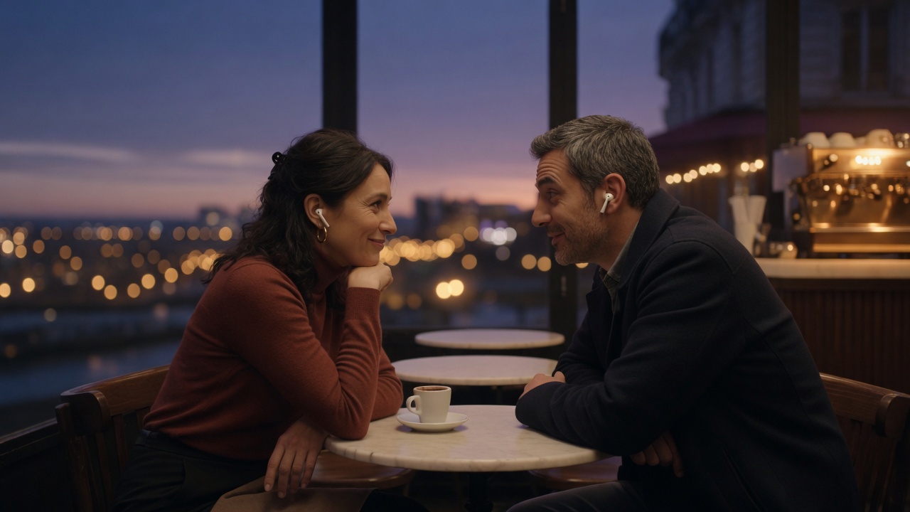 Two people talking across a cafe table